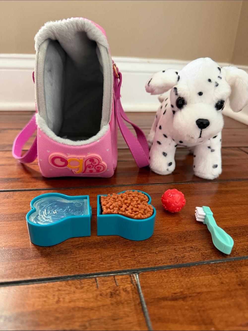 Our Generation Plush White Dalmatian Toy with Pink Carrier